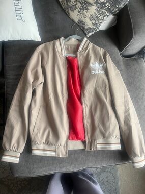 adidas Beige Jacket with Red Interior and White Logo